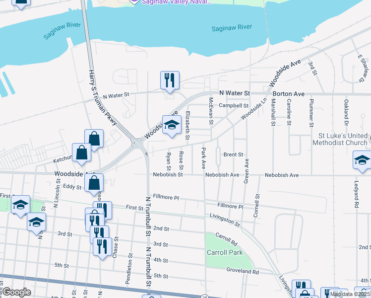 map of restaurants, bars, coffee shops, grocery stores, and more near 1530 Elizabeth Street in Bay City
