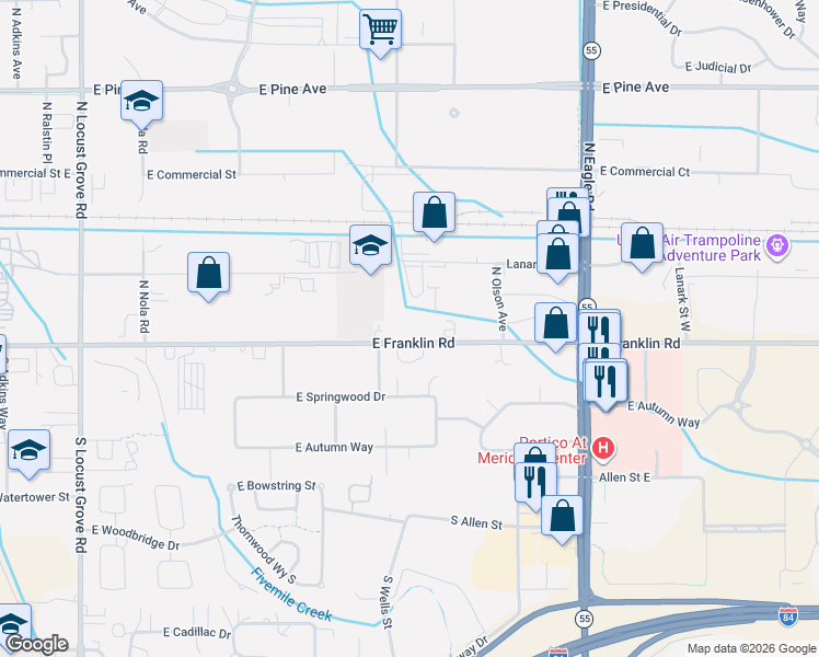 map of restaurants, bars, coffee shops, grocery stores, and more near 2499 East Franklin Road in Meridian