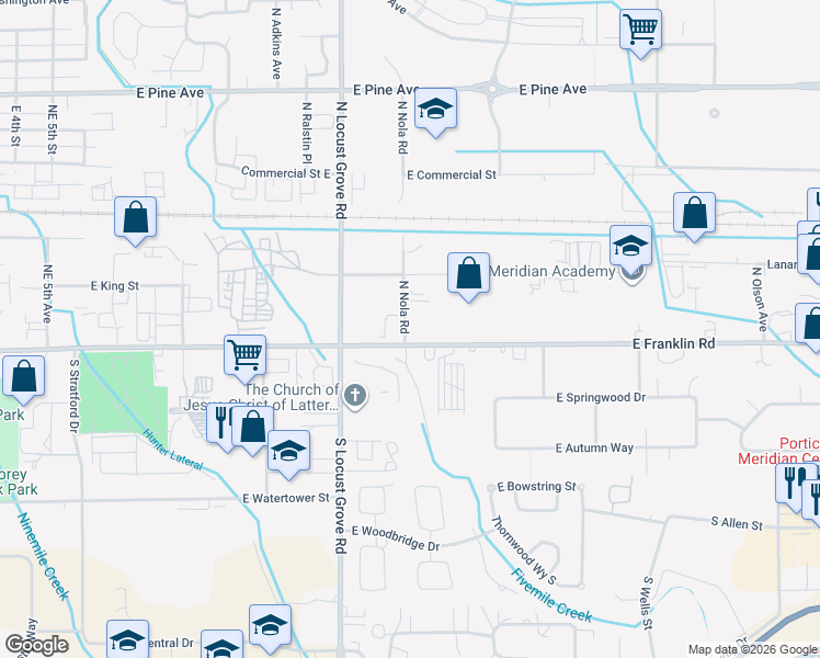 map of restaurants, bars, coffee shops, grocery stores, and more near 10 North Nola Road in Meridian