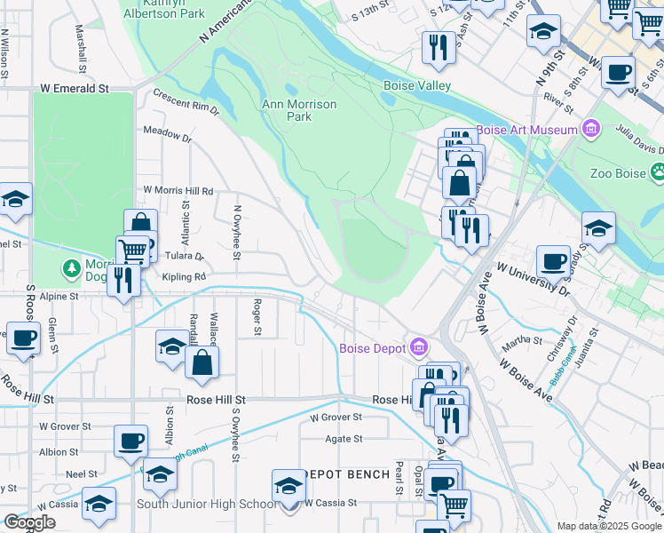 map of restaurants, bars, coffee shops, grocery stores, and more near 3100 Crescent Rim Drive in Boise