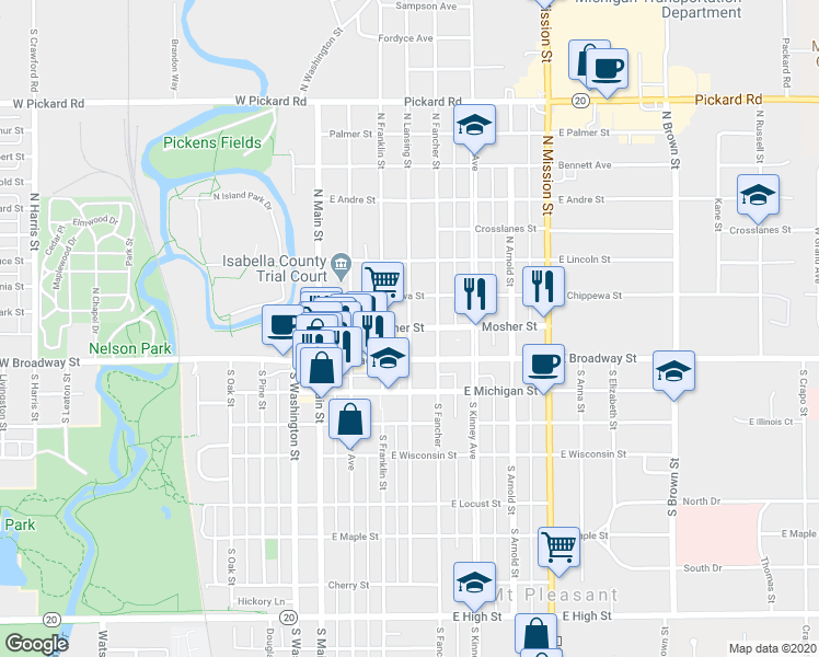 map of restaurants, bars, coffee shops, grocery stores, and more near 114 North Lansing Street in Mount Pleasant