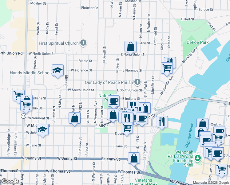 map of restaurants, bars, coffee shops, grocery stores, and more near 403 North Dean Street in Bay City