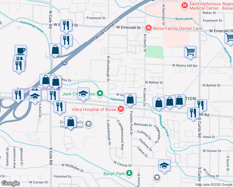 map of restaurants, bars, coffee shops, grocery stores, and more near 6681 Douglas Street in Boise