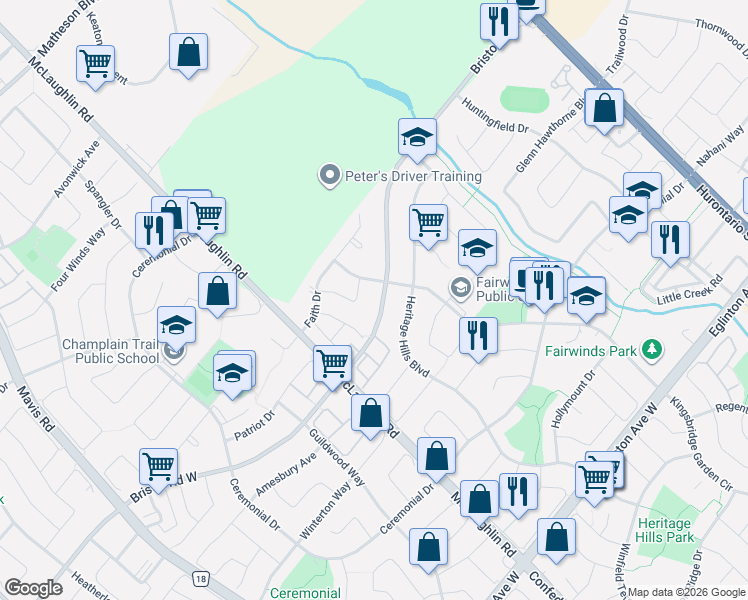 map of restaurants, bars, coffee shops, grocery stores, and more near in Mississauga