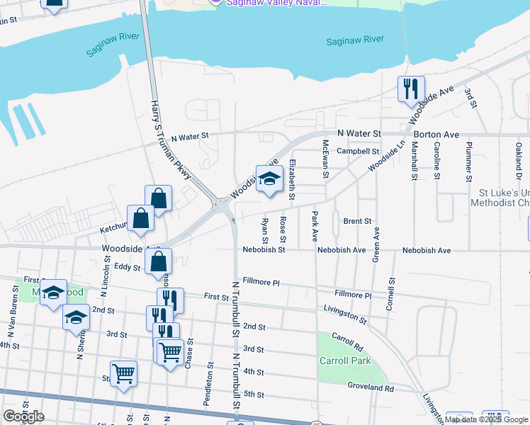 map of restaurants, bars, coffee shops, grocery stores, and more near 201 Woodside Lane in Bay City