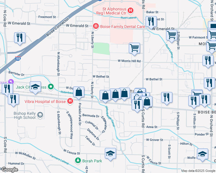 map of restaurants, bars, coffee shops, grocery stores, and more near 6205 West Tierra Lane in Boise