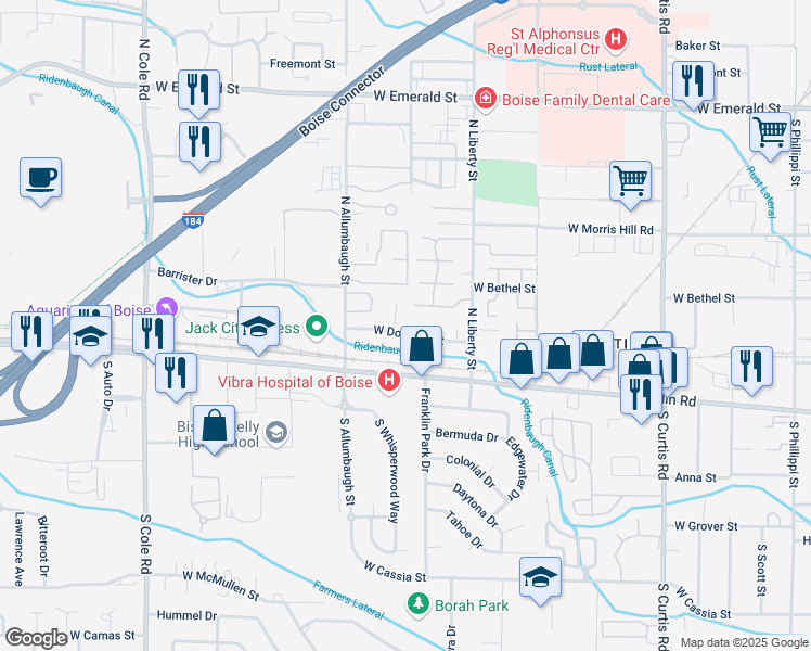 map of restaurants, bars, coffee shops, grocery stores, and more near 6557 Douglas Street in Boise