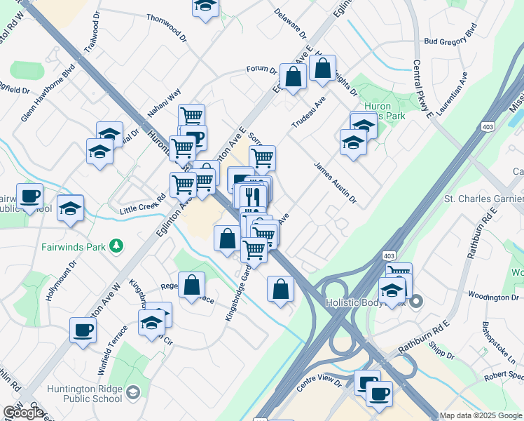 map of restaurants, bars, coffee shops, grocery stores, and more near 4555 Hurontario Street in Mississauga