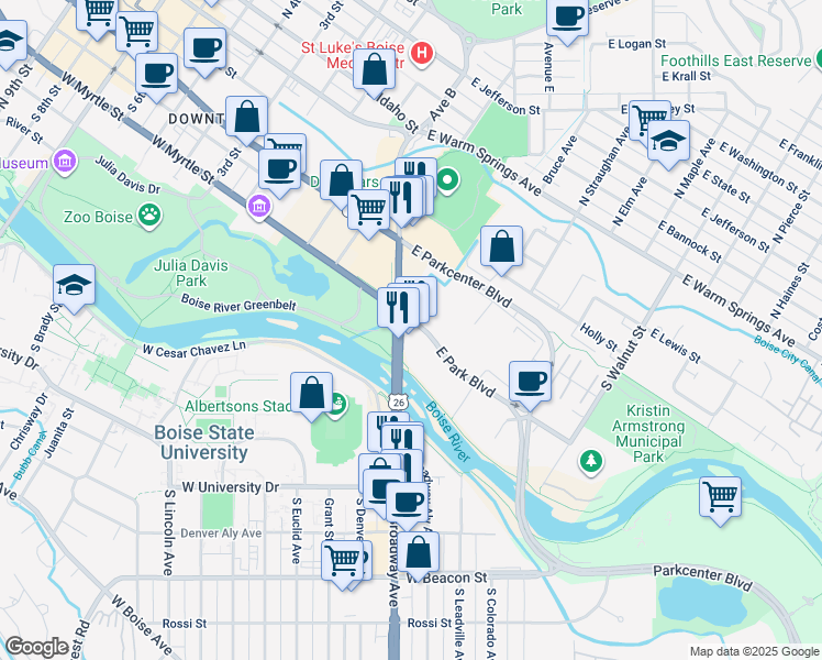 map of restaurants, bars, coffee shops, grocery stores, and more near 590 Broadway Avenue in Boise