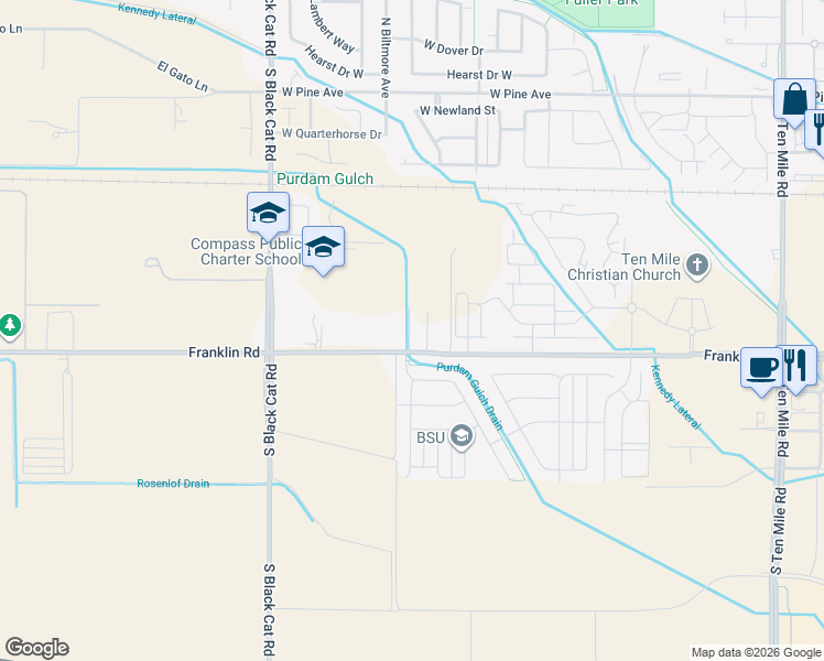 map of restaurants, bars, coffee shops, grocery stores, and more near 4380 West Franklin Road in Meridian