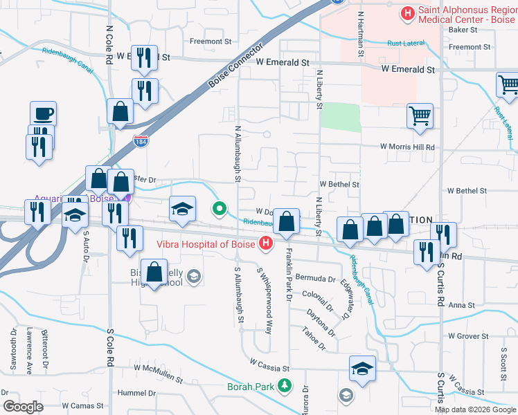 map of restaurants, bars, coffee shops, grocery stores, and more near 6681 Douglas Street in Boise