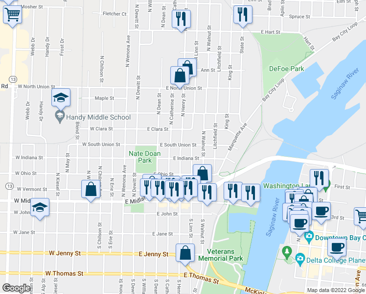 map of restaurants, bars, coffee shops, grocery stores, and more near 408 North Henry Street in Bay City