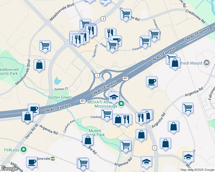 map of restaurants, bars, coffee shops, grocery stores, and more near 0 Mississauga Road in Mississauga