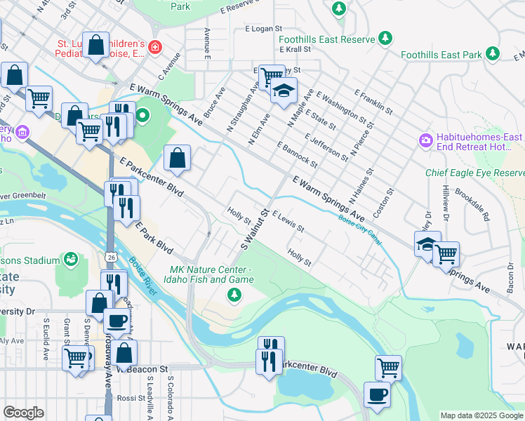map of restaurants, bars, coffee shops, grocery stores, and more near 300 S Walnut St in Boise