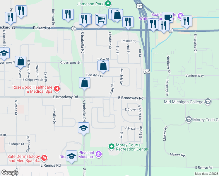 map of restaurants, bars, coffee shops, grocery stores, and more near 2400-2452 Ruby Street in Mount Pleasant