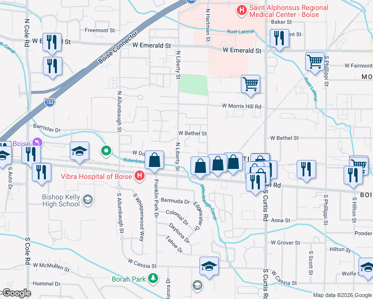 map of restaurants, bars, coffee shops, grocery stores, and more near 6337 West Tierra Lane in Boise