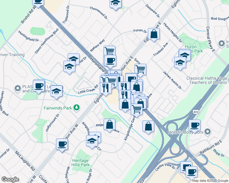 map of restaurants, bars, coffee shops, grocery stores, and more near 30 Eglinton Avenue West in Mississauga