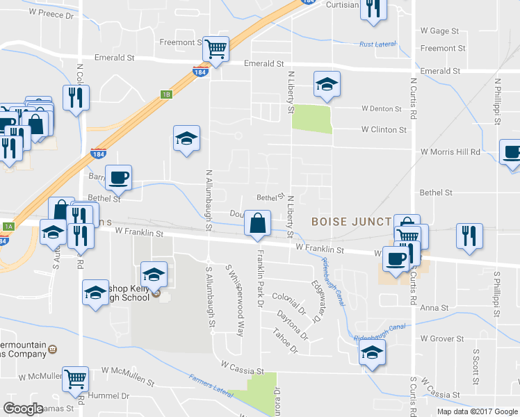 map of restaurants, bars, coffee shops, grocery stores, and more near 6557 Douglas Street in Boise
