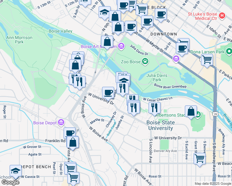 map of restaurants, bars, coffee shops, grocery stores, and more near in Boise
