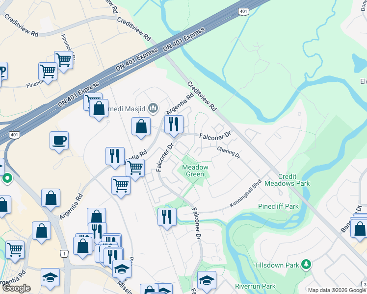 map of restaurants, bars, coffee shops, grocery stores, and more near 6625 Falconer Drive in Mississauga