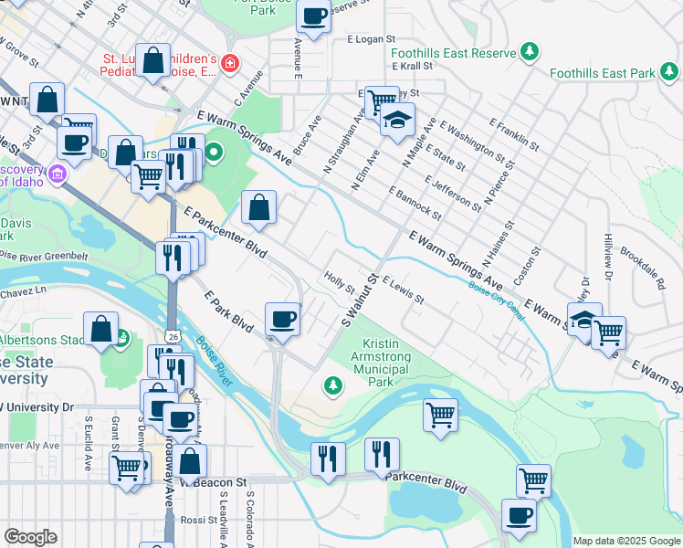 map of restaurants, bars, coffee shops, grocery stores, and more near 1015 East Holly Street in Boise