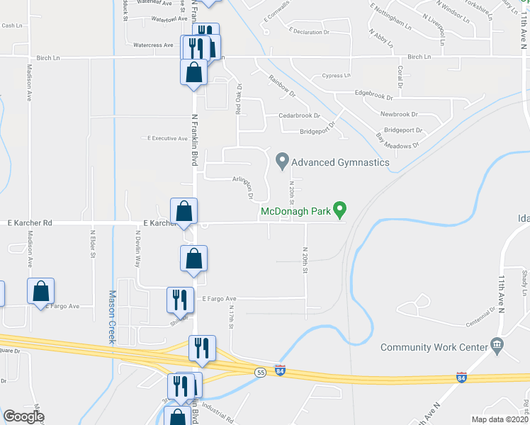 map of restaurants, bars, coffee shops, grocery stores, and more near 16026 North 19th Street in Nampa