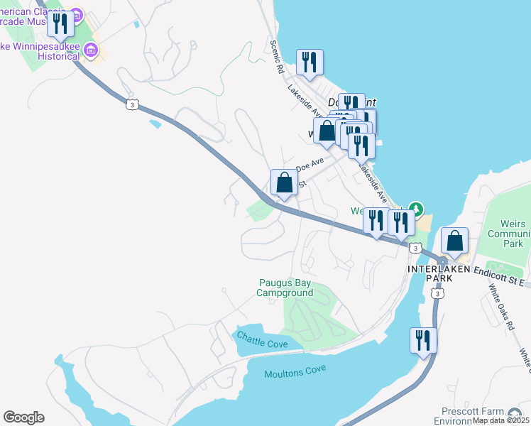 map of restaurants, bars, coffee shops, grocery stores, and more near 49 Memory Lane in Laconia