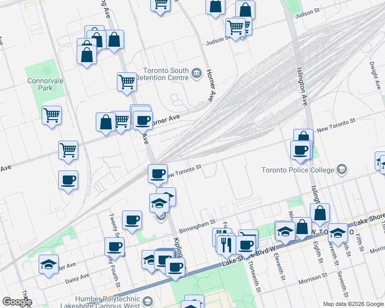 map of restaurants, bars, coffee shops, grocery stores, and more near 3563 Lake Shore Boulevard West in Toronto