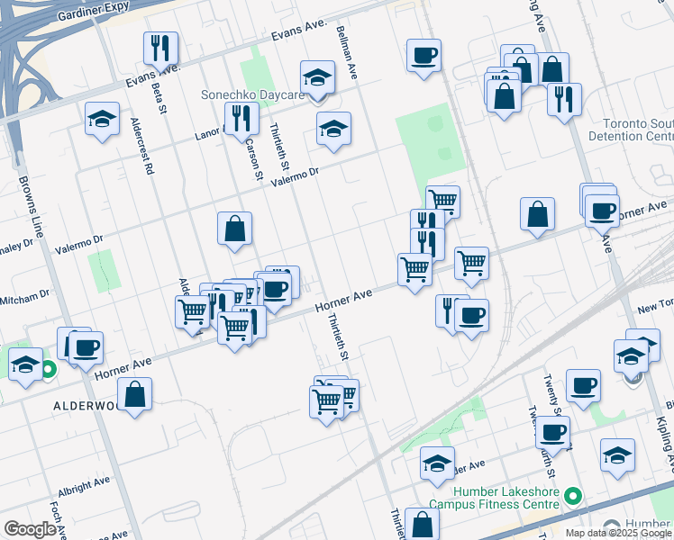 map of restaurants, bars, coffee shops, grocery stores, and more near in Toronto