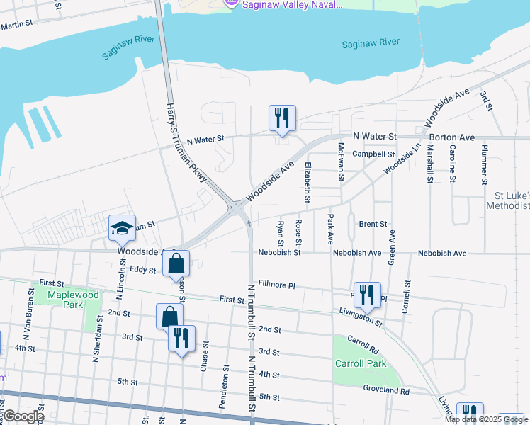 map of restaurants, bars, coffee shops, grocery stores, and more near 122 Woodside Lane in Bay City