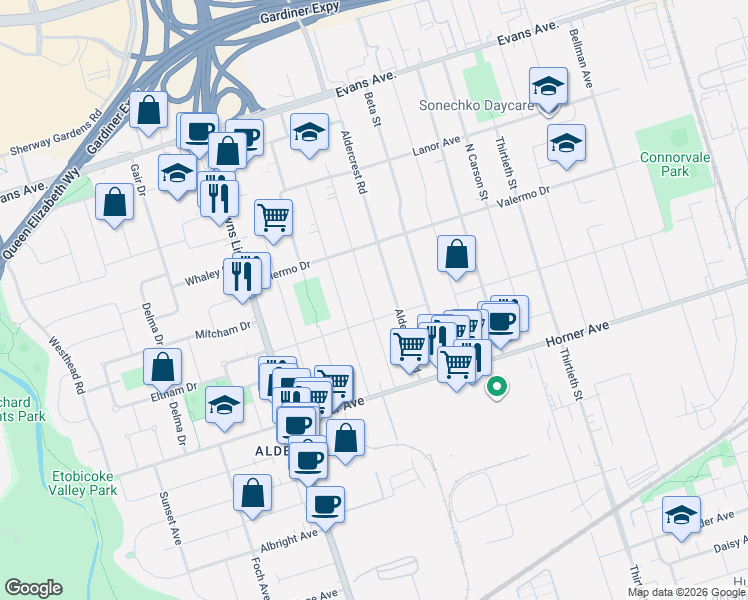map of restaurants, bars, coffee shops, grocery stores, and more near 191 Alderbrae Avenue in Toronto