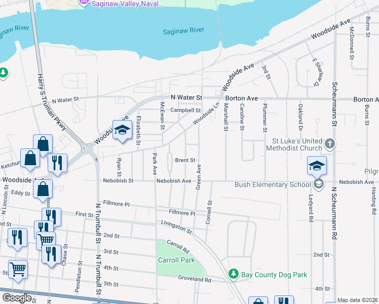 map of restaurants, bars, coffee shops, grocery stores, and more near 1601 Green Avenue in Bay City