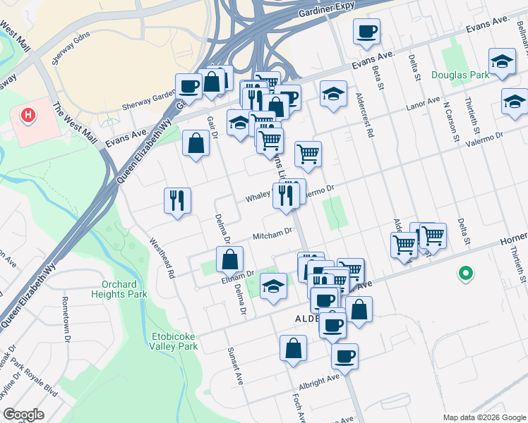 map of restaurants, bars, coffee shops, grocery stores, and more near 18 Cutler Crescent in Toronto