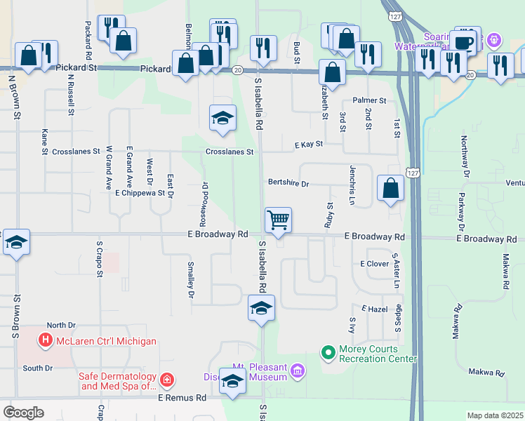 map of restaurants, bars, coffee shops, grocery stores, and more near 2445 South Isabella Road in Mount Pleasant