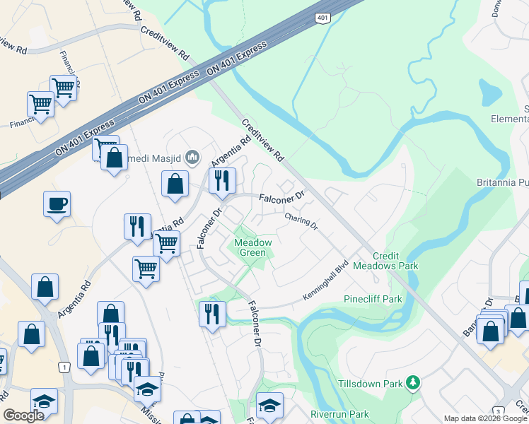 map of restaurants, bars, coffee shops, grocery stores, and more near 6418 Coachford Way in Mississauga