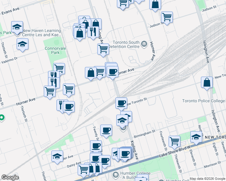 map of restaurants, bars, coffee shops, grocery stores, and more near 1 Towns Road in Toronto