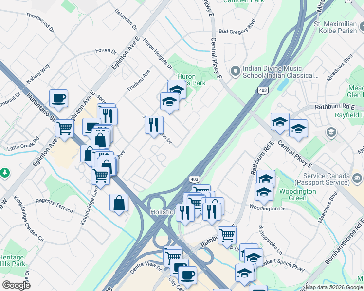 map of restaurants, bars, coffee shops, grocery stores, and more near 4782 James Austin Drive in Mississauga