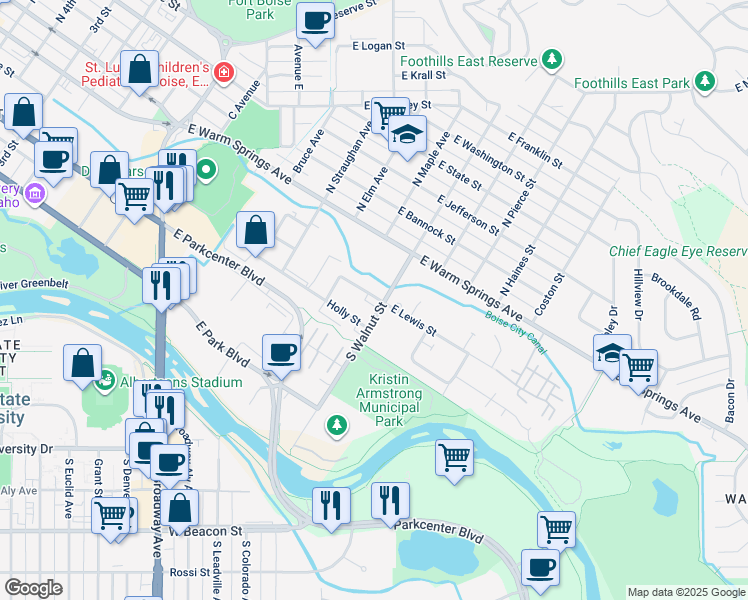 map of restaurants, bars, coffee shops, grocery stores, and more near 300 South Walnut Street in Boise