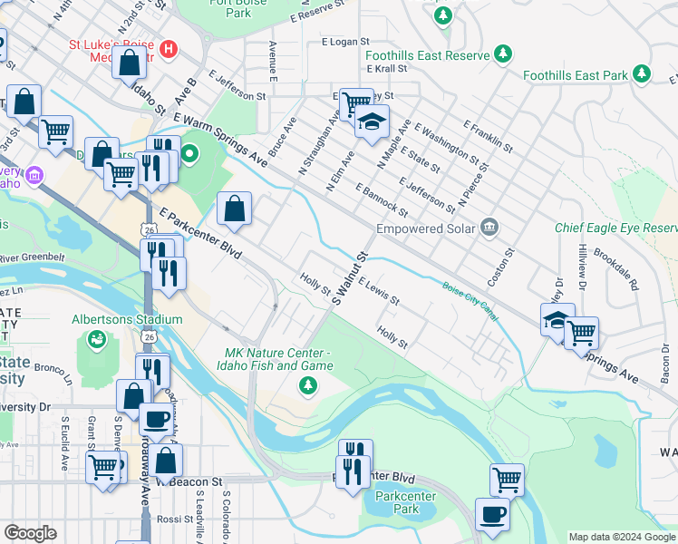 map of restaurants, bars, coffee shops, grocery stores, and more near 300 South Walnut Street in Boise