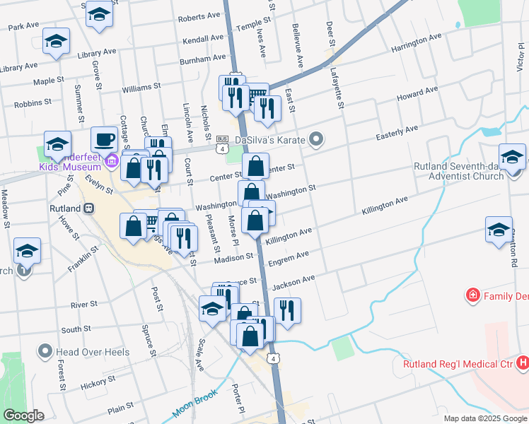 map of restaurants, bars, coffee shops, grocery stores, and more near 1 Olmstead Place in Rutland