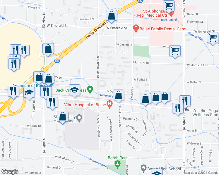 map of restaurants, bars, coffee shops, grocery stores, and more near 103 Raymond Place in Boise