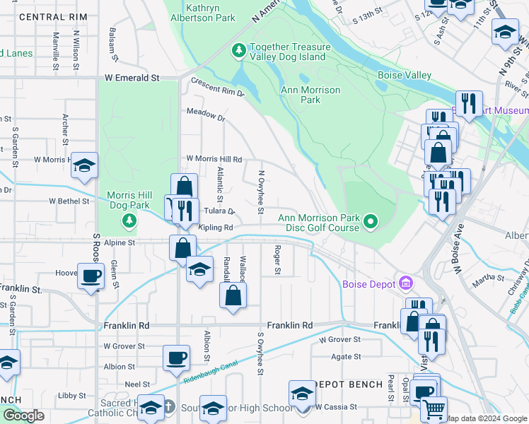 map of restaurants, bars, coffee shops, grocery stores, and more near 3319 West Camrose Lane in Boise