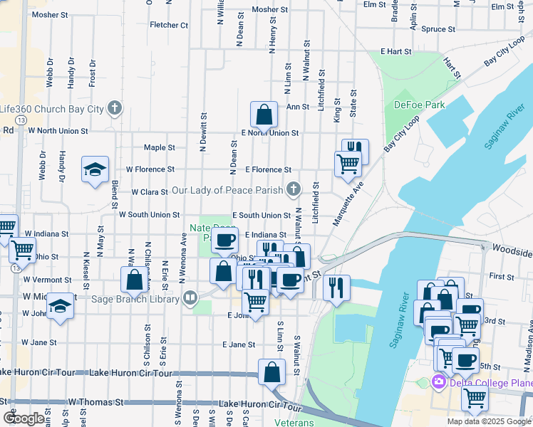 map of restaurants, bars, coffee shops, grocery stores, and more near 510 North Henry Street in Bay City