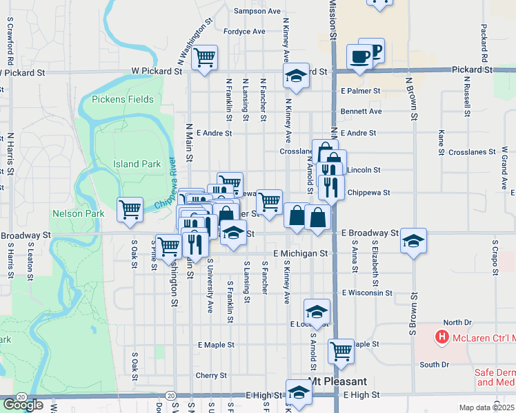 map of restaurants, bars, coffee shops, grocery stores, and more near 113 North Fancher Street in Mount Pleasant