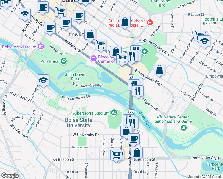 map of restaurants, bars, coffee shops, grocery stores, and more near Boise River Greenbelt in Ada County