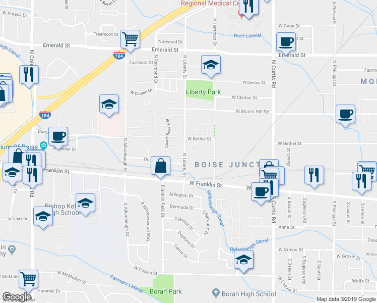 map of restaurants, bars, coffee shops, grocery stores, and more near 6337 West Tierra Lane in Boise