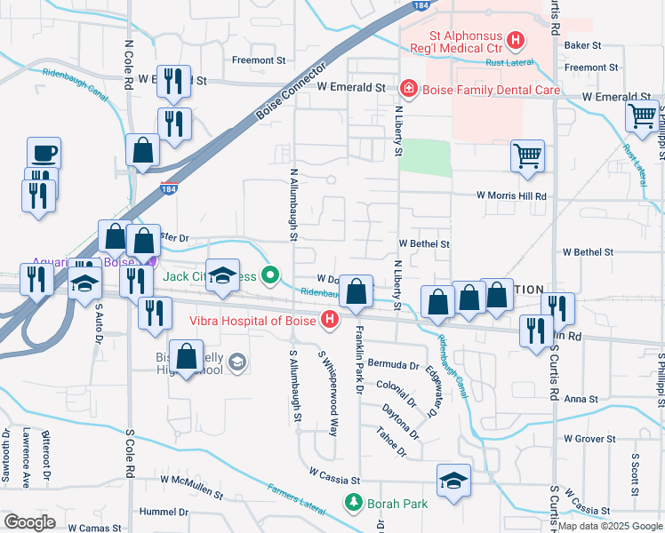 map of restaurants, bars, coffee shops, grocery stores, and more near 6681 Douglas Street in Boise
