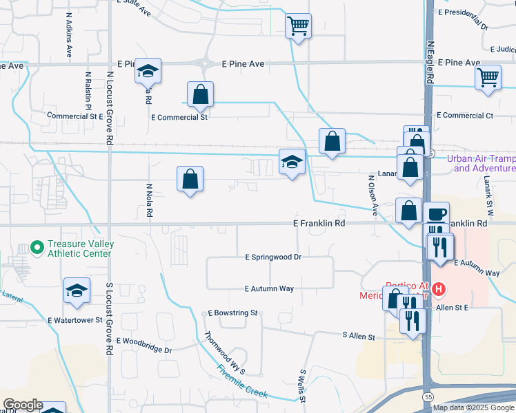 map of restaurants, bars, coffee shops, grocery stores, and more near 2308 East Franklin Road in Meridian