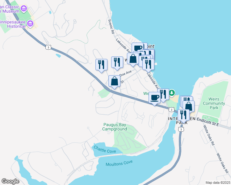 map of restaurants, bars, coffee shops, grocery stores, and more near 26 Memory Lane in Laconia