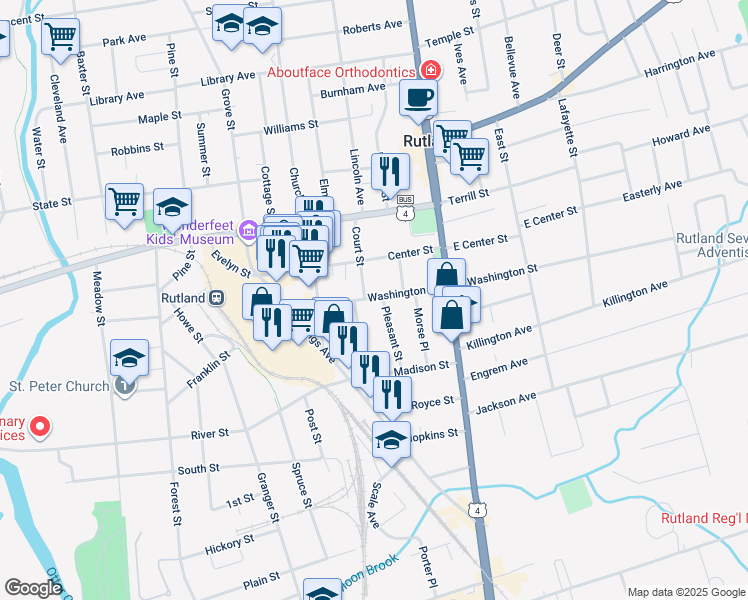 map of restaurants, bars, coffee shops, grocery stores, and more near 43 Pleasant Street in Rutland